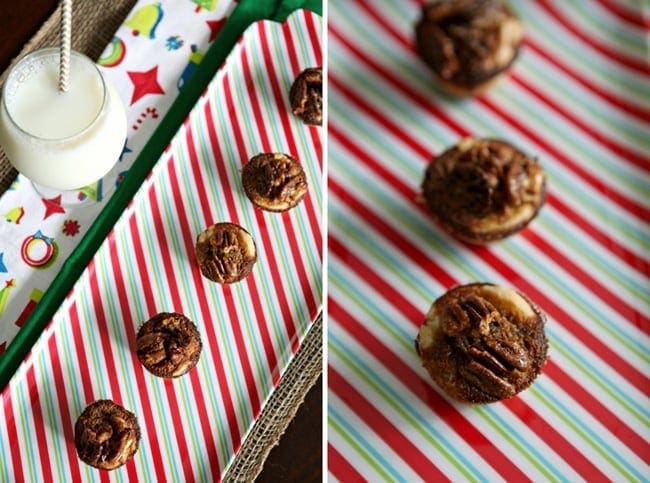 Angled views of bourbon pecan tassies on christmas platter 