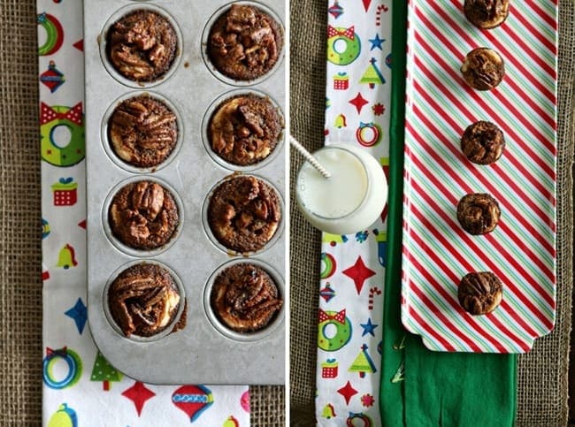 Overhead view of bourbon pecan tassies on holiday linens