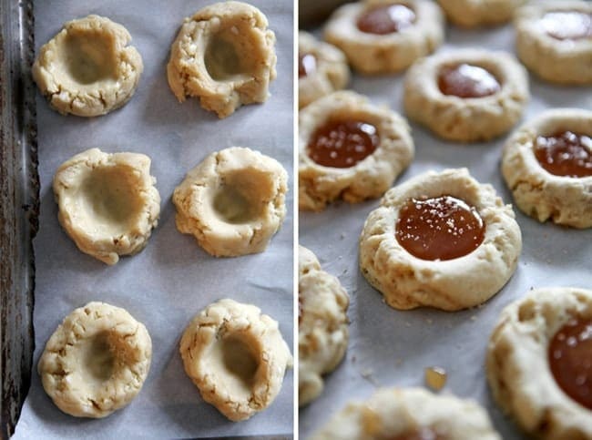 Collage of two images showing salted caramel cookies before and after filling on a baking sheet