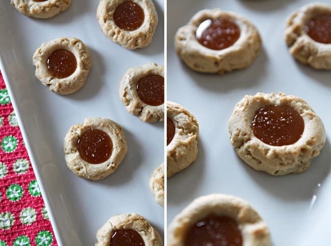 Collage of two images showing Thumbprint Cookies with salted caramel on a white serving platter side by side