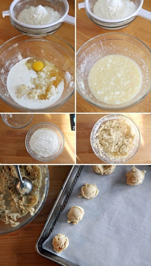 Collage of seven images showing the process of making the batter for Salted Caramel Thumbprint Cookies