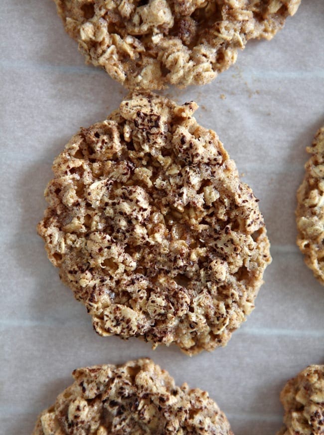 Overhead close up of oatmeal crisps on baking sheet 