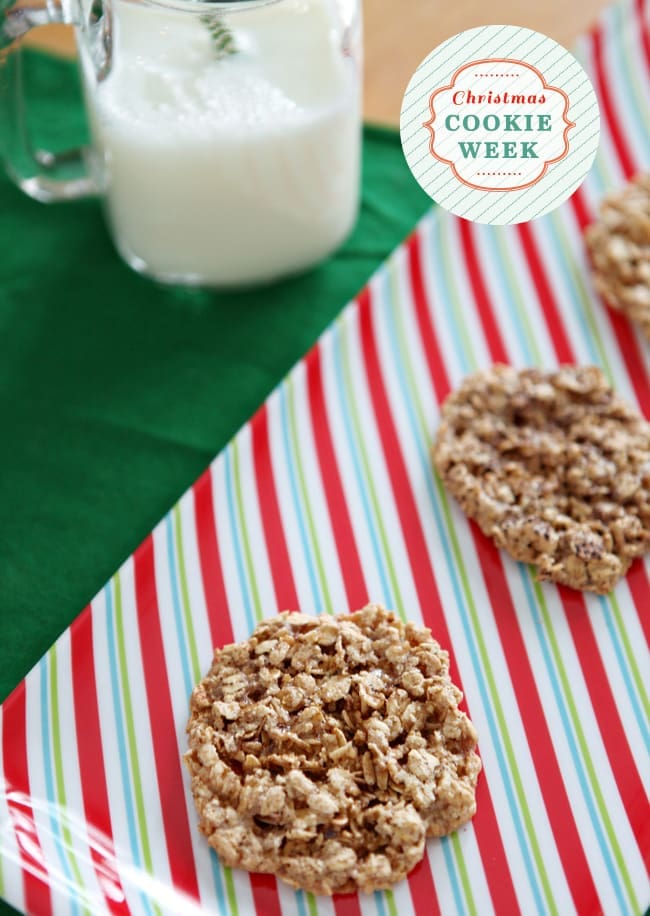 Close up of oatmeal crisps on Holiday platter next to glass of milk 