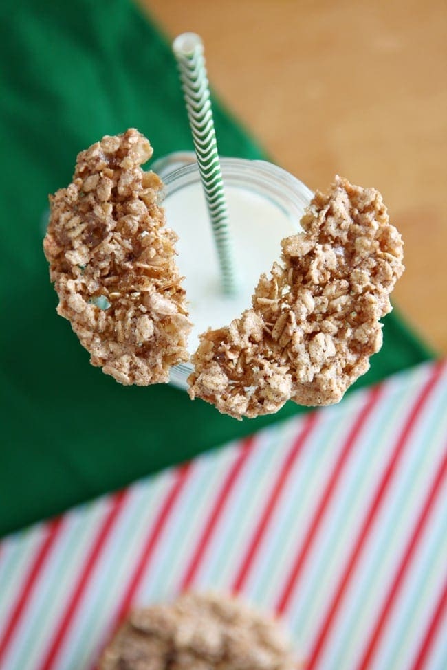 Oatmeal Crisp sitting on top of glass of milk 