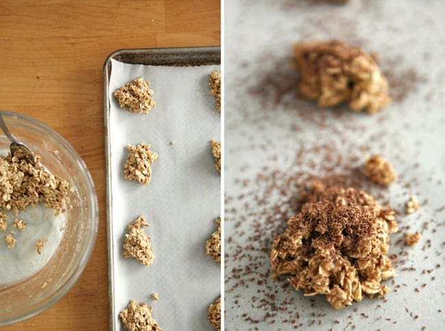 Scoops of oatmeal crisp laying on baking sheet 