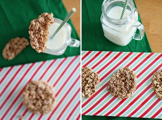 Overhead close up oatmeal cookies on holiday platter with glass of milk 