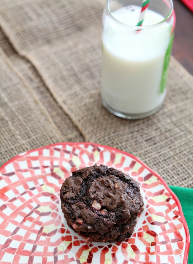 Chocolate cookie on plate next to glass of milk 