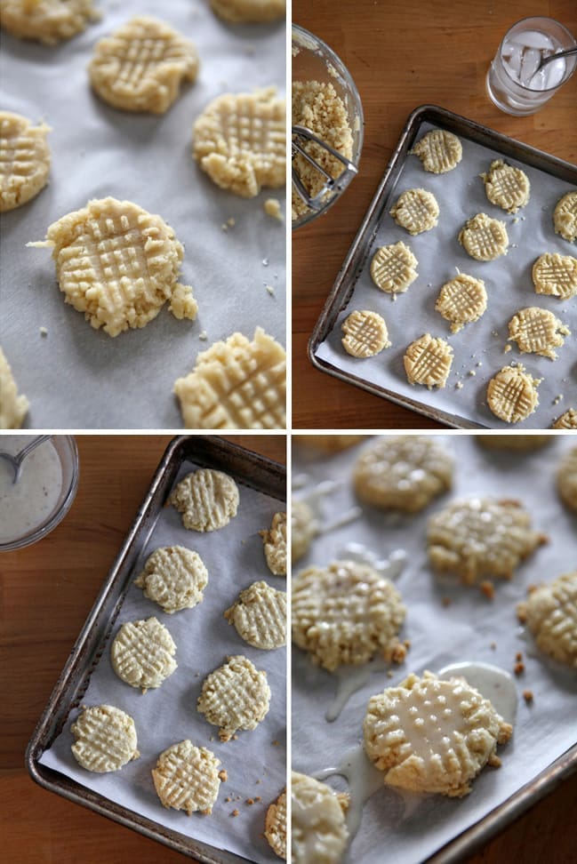 Collage of images of vanilla bean shortbread on cookie sheet 