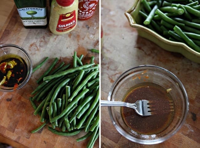 Green beans and mixture of sauce in a bowl 