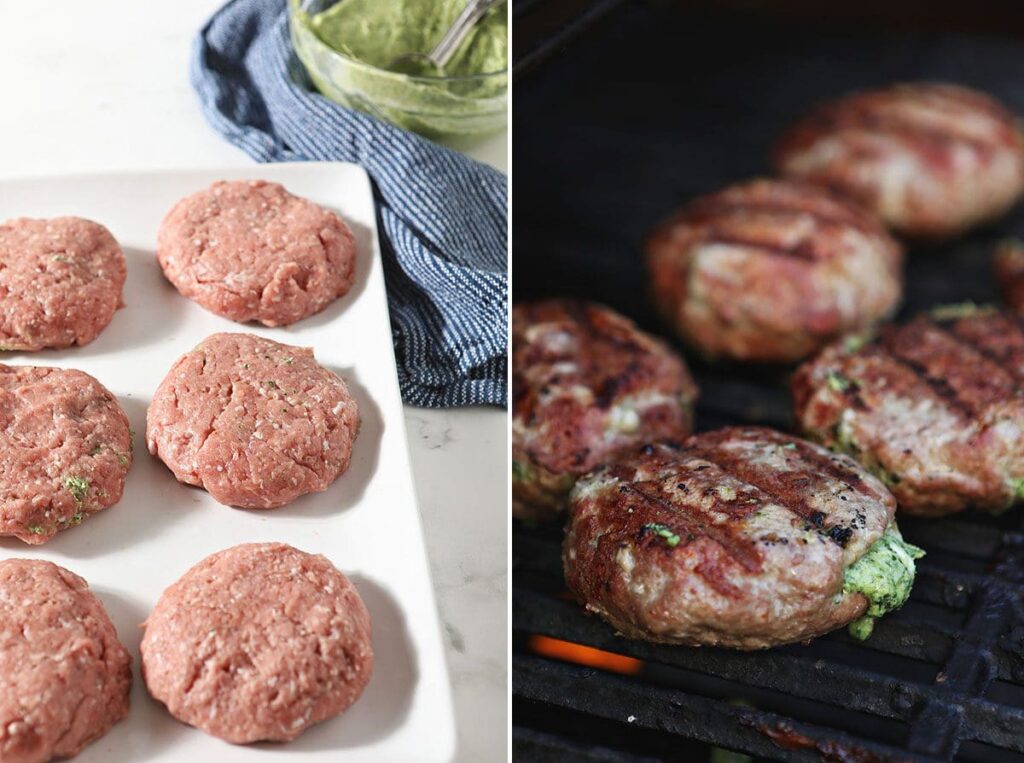 Collage showing stuffed turkey burgers before grilling and them on the grill