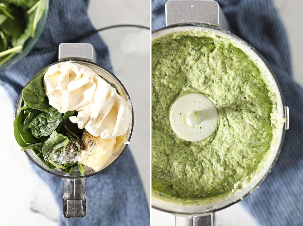 Collage showing the spinach and artichoke filling for the burgers before and after blending