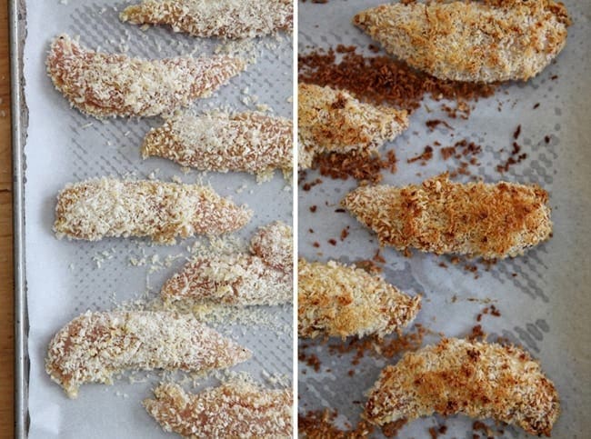 Collage of breaded chicken on baking sheet 