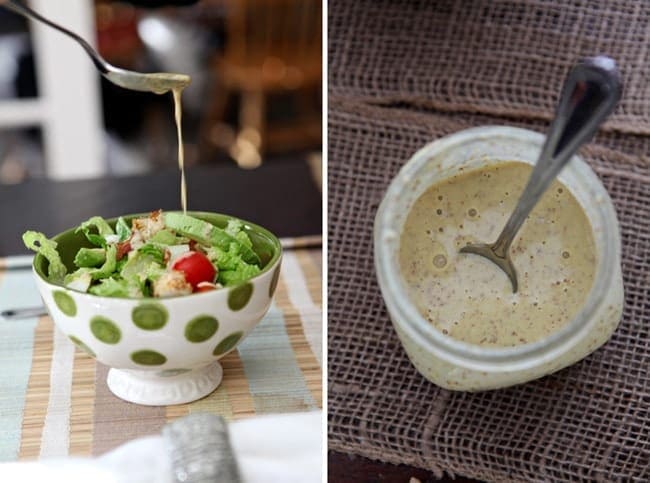 Honey Mustard dressing from jar, drizzled on bowl of salad 