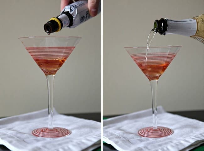 Southern Comfort and Champagne being poured into cocktail glasses 