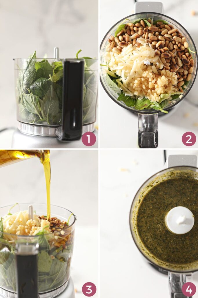 Collage showing how to make basil pesto in a food processor