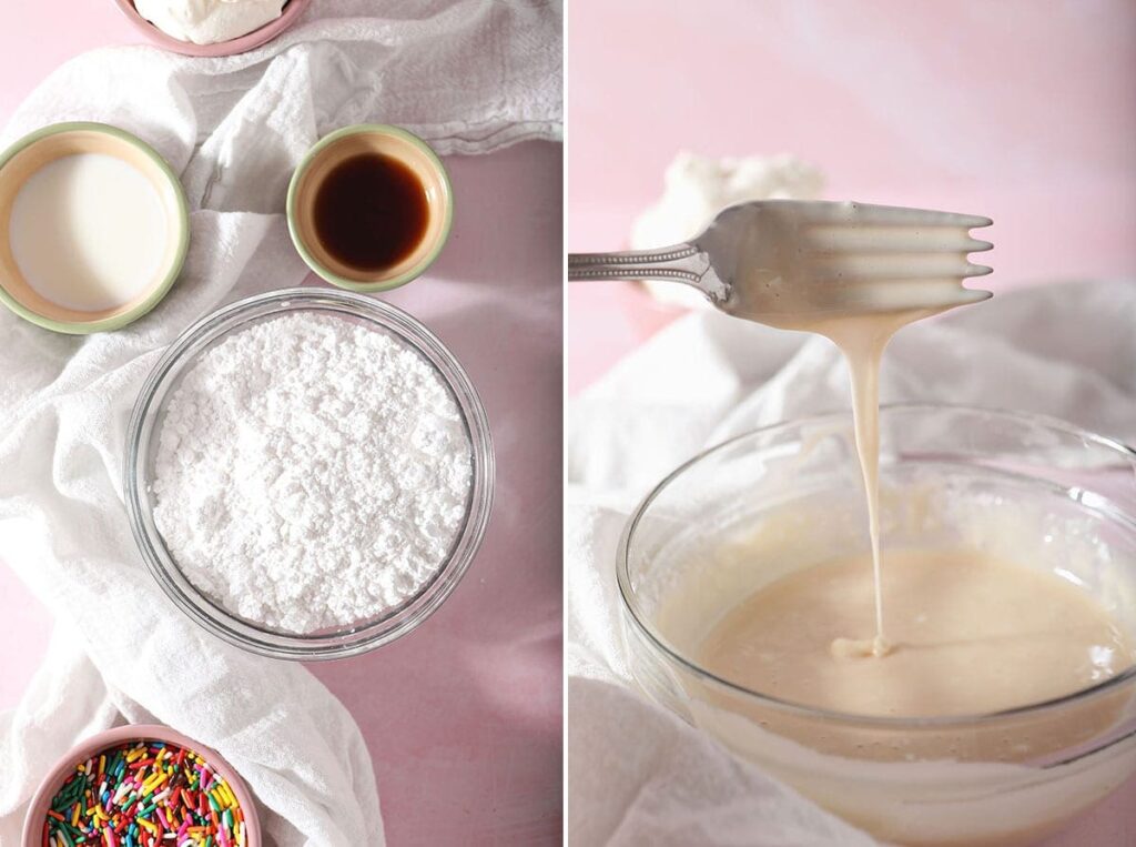 Collage showing how to make vanilla glaze for pancakes