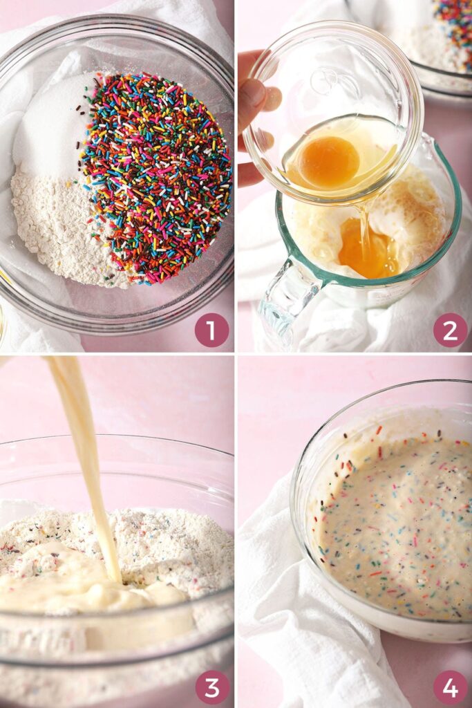 Collage showing how to mix homemade funfetti pancake batter