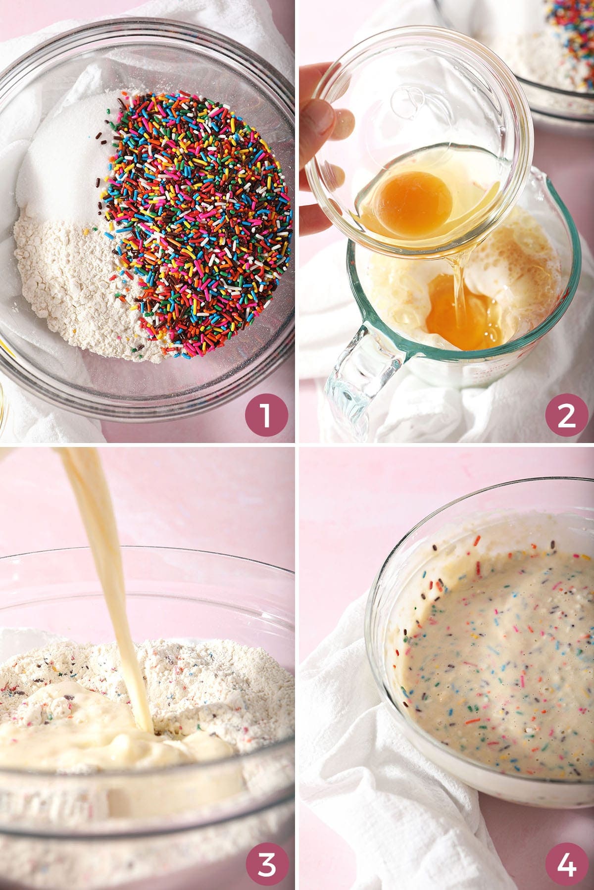 Collage showing how to mix homemade funfetti pancake batter