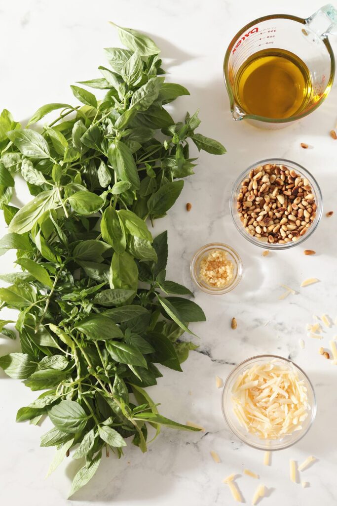 Fresh basil leaves next to oil, pine nuts, garlic and parmesan in bowls