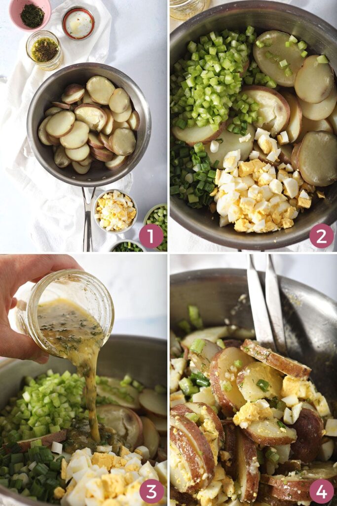 Collage of four images showing how to put together no mayo potato salad