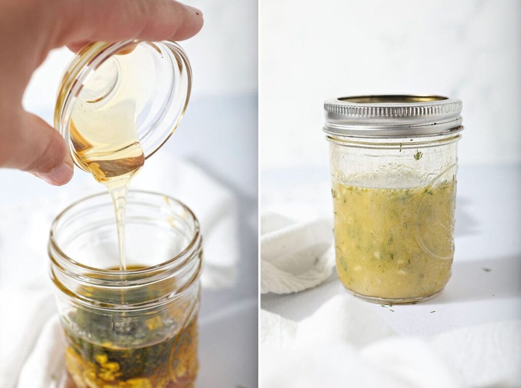 Collage of images showing how to make a homemade mustard dill vinaigrette