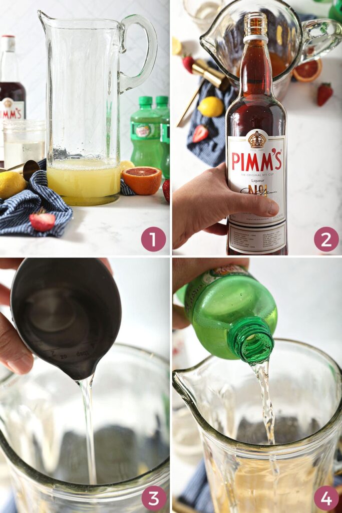 Collage showing how to mix a Pimms Punch in a pitcher