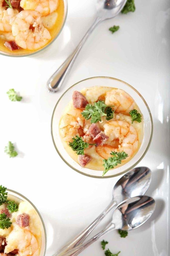 Overhead image of a cup of Shrimp and Grits