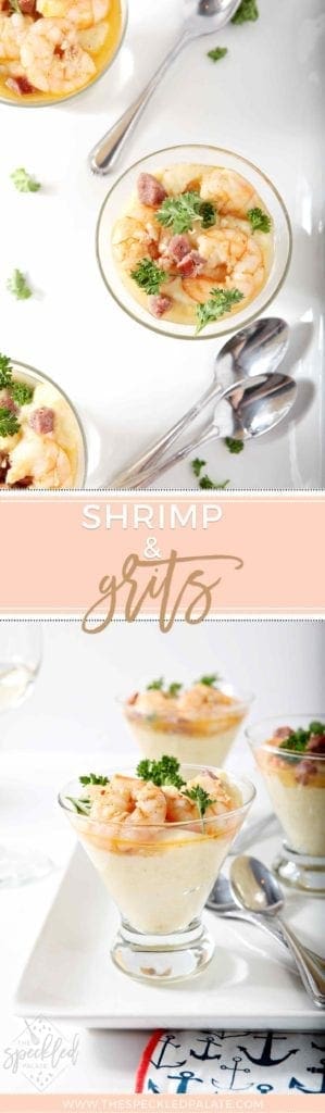 Collage of two images showing shrimp and grits in a cup with the text SHRIMP AND GRITS