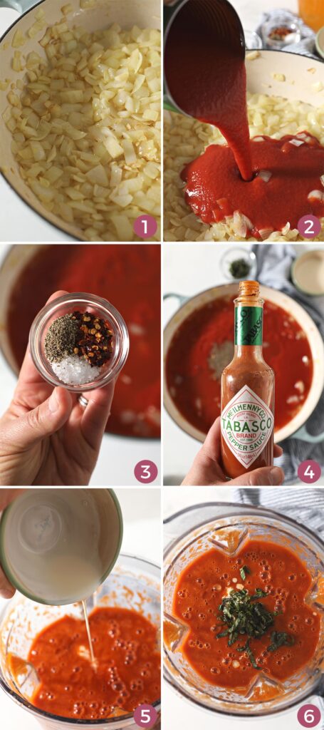 Collage of six images showing how to make Spicy Tomato Soup