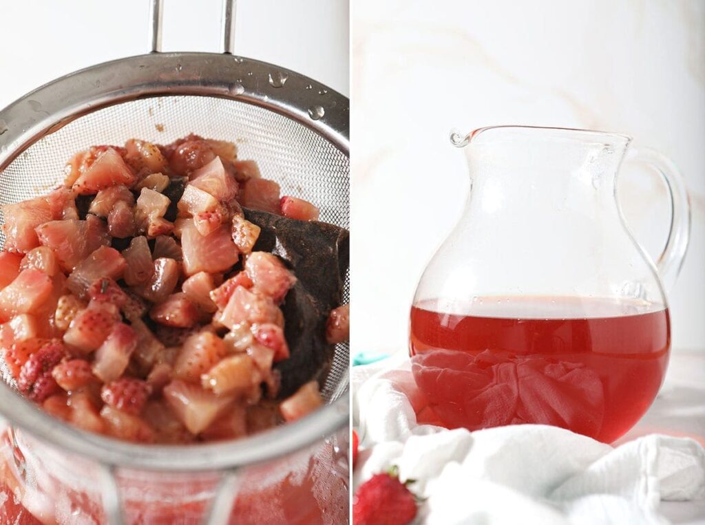 Collage of strained strawberries and tea and a pitcher of the final tea