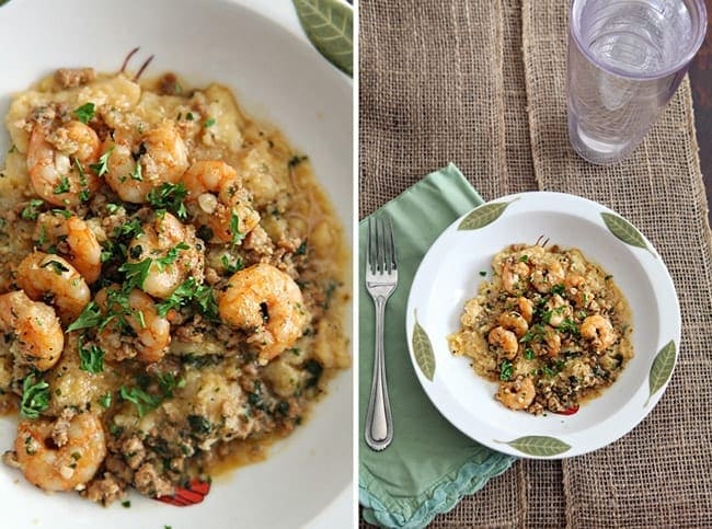 Collage showing a close up of a bowl of shrimp and grits and a place setting with a glass of water