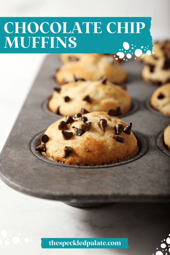 Muffins in a muffin tin topped with chocolate chips with the text Chocolate Chip Muffins