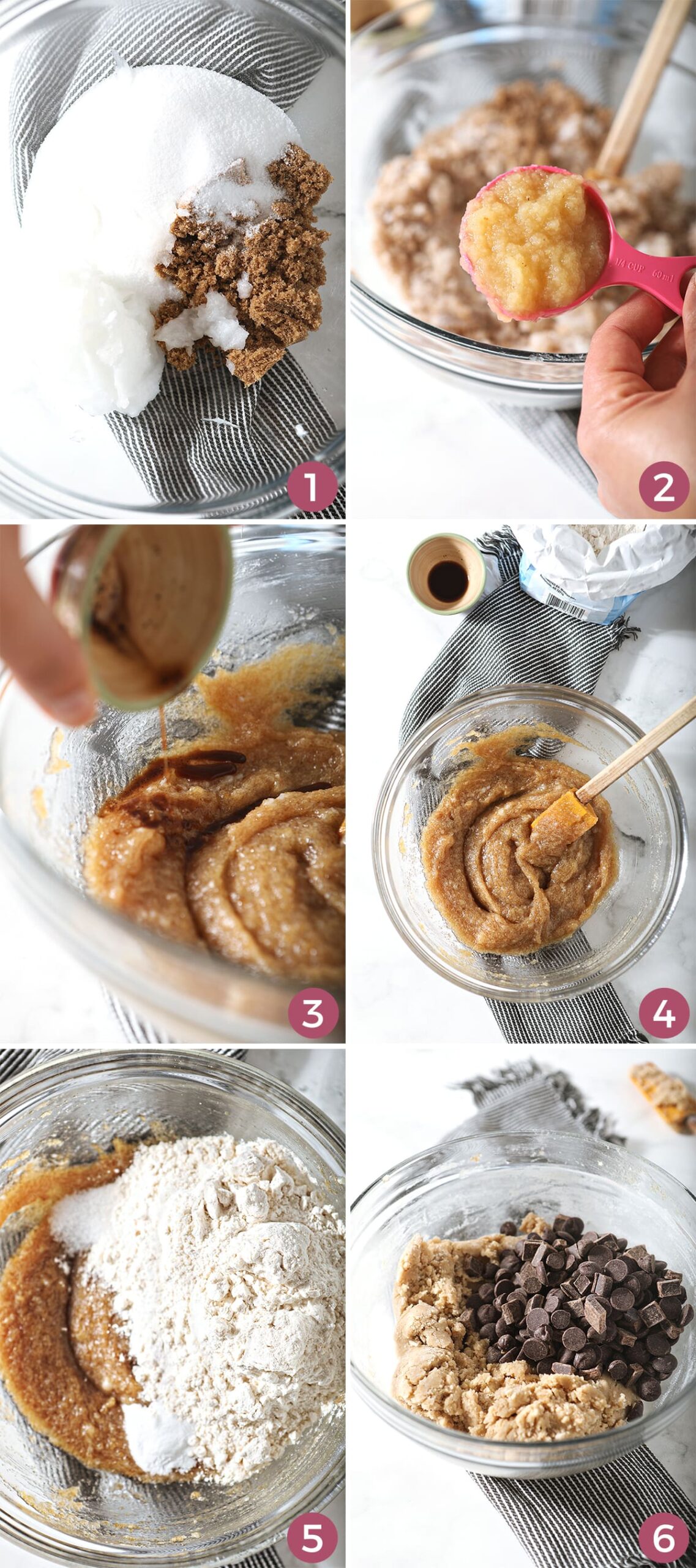 Collage of six images showing how to mix ingredients to make the dairy free cookie dough