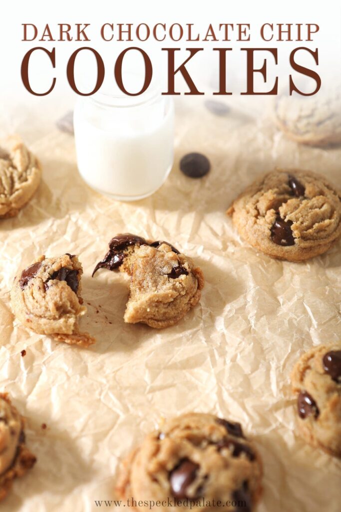 Cookies, fresh out of the oven, are shown on brown paper with shot glasses of milk, with Pinterest text