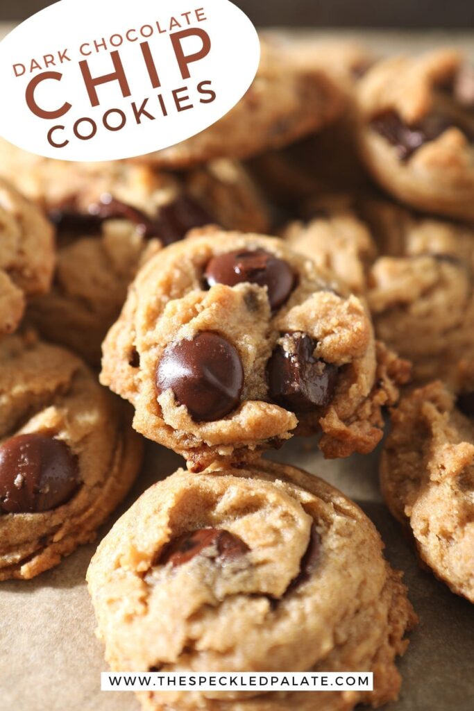 Close up of Dark Chocolate Chip Cookies, with Pinterest text