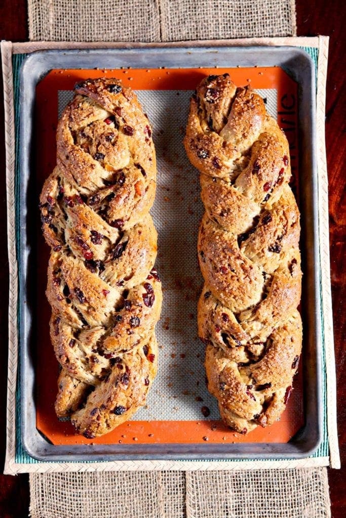 Two loaves of fruit studded holiday bread in a pan 