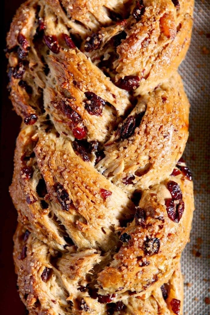 Overhead close up of fruit studded holiday bread 