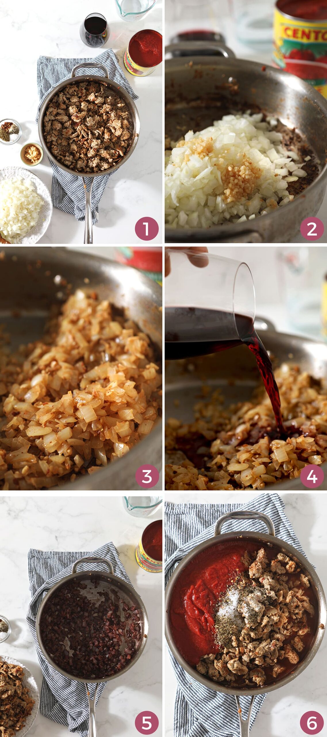 Collage of six images showing how to make Sausage Ground Turkey Pasta Sauce