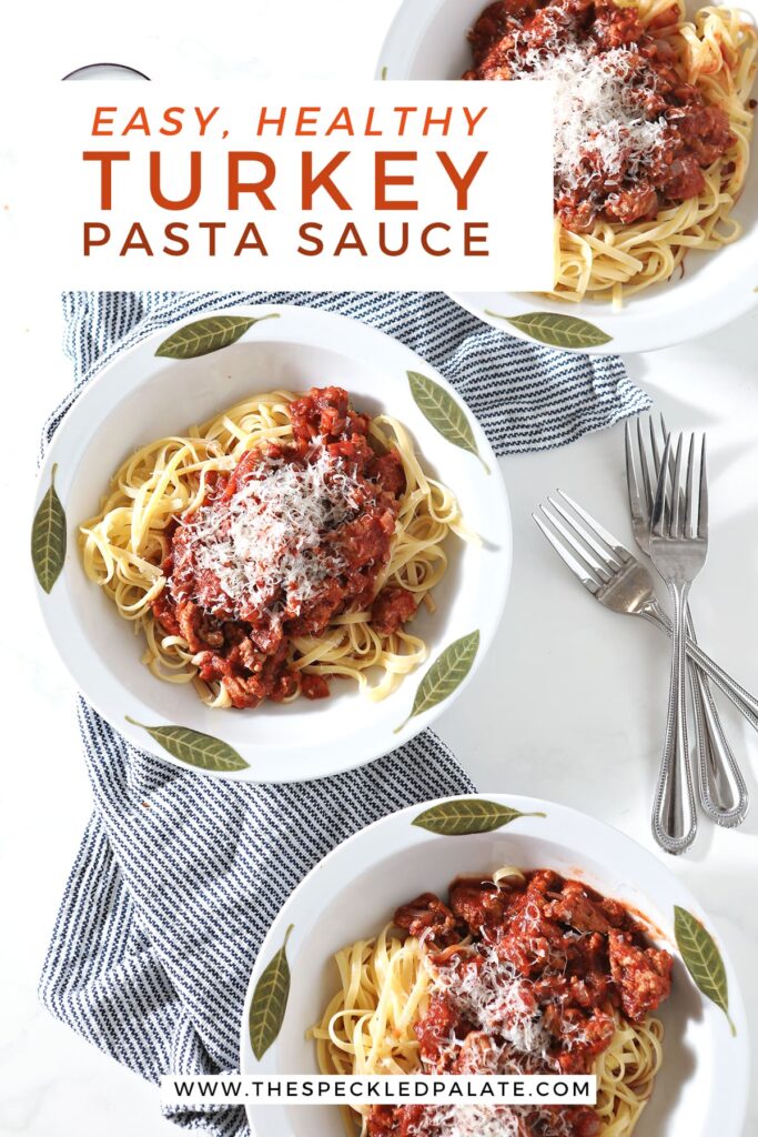 Overhead of three bowls of pasta and sauce, with Pinterest text