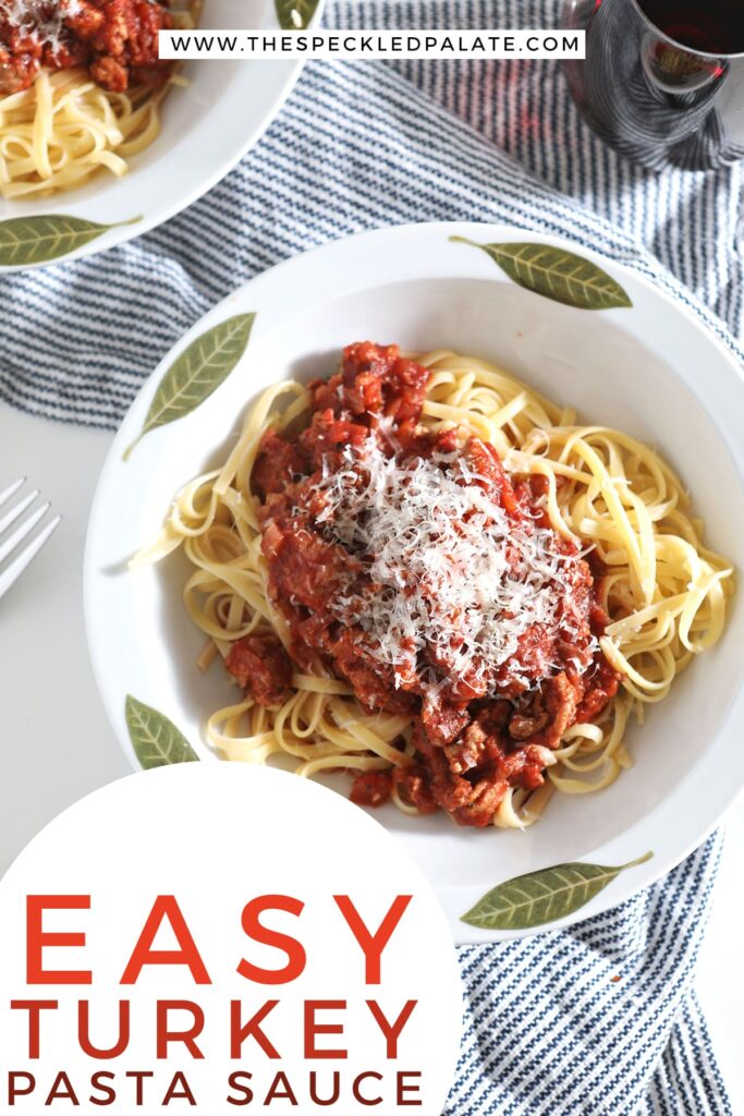 Close up of a bowl of turkey pasta sauce, with Pinterest text