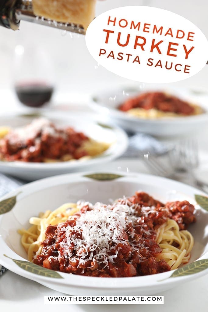 Close up of a bowl of pasta and sauce, with Pinterest text