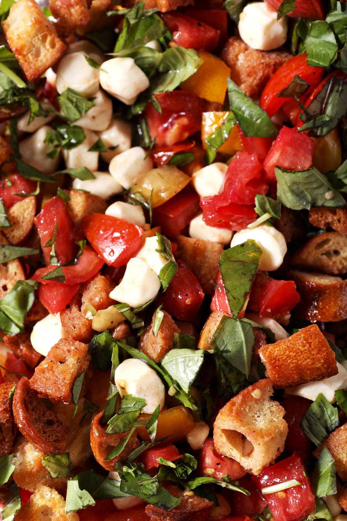 close up of panzanella salad in a bowl after mixing