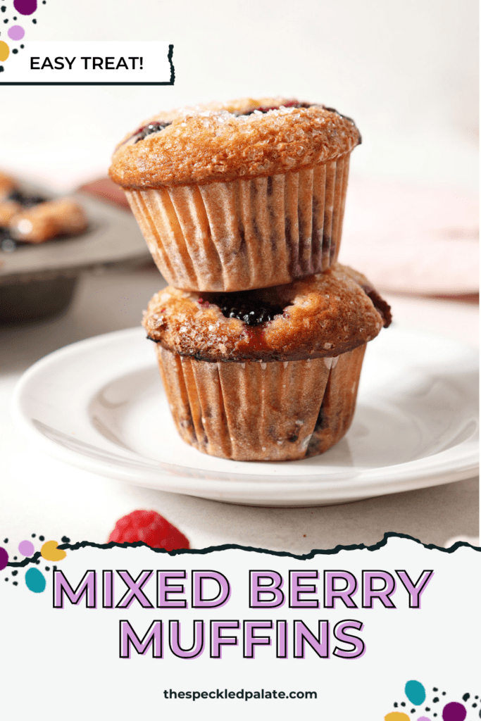 Two stacked muffins in a white plate with the text mixed berry muffins