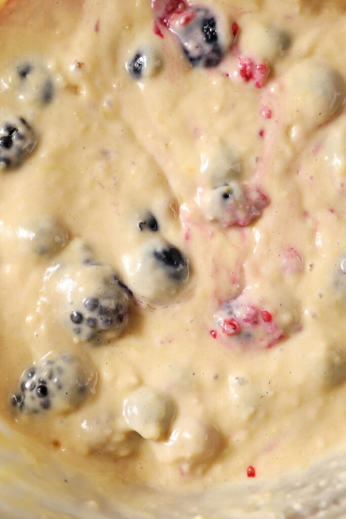 Mixed berry muffin batter in a bowl