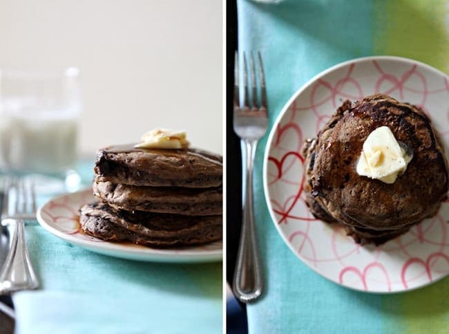 Stack of double chocolate pancakes on plate with butter on top 