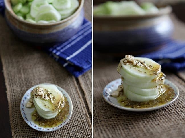 Collage of two images showing a small stack of cucumbers with a feta vinaigrette on top of them on a burlap-covered table