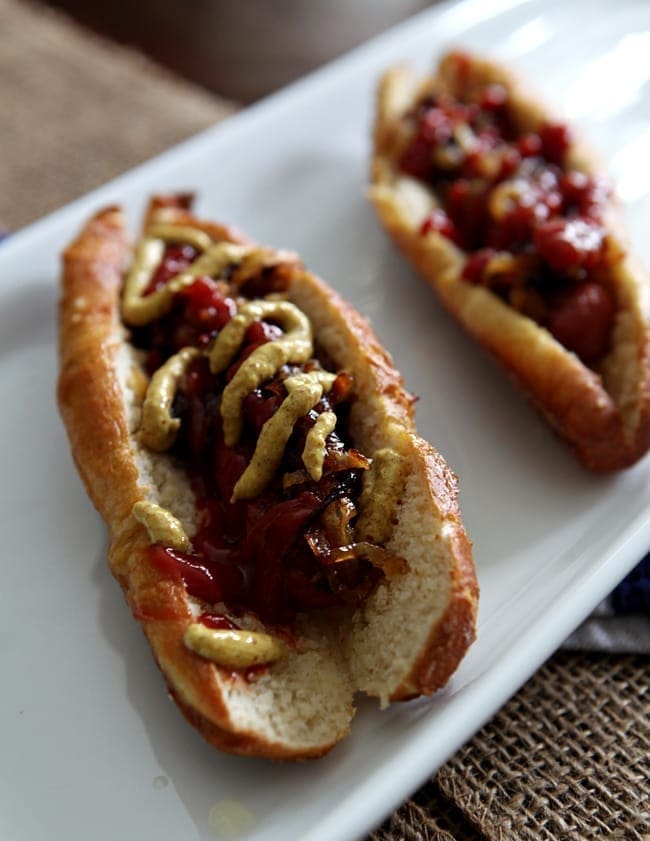 Hot Dogs with Caramelized Onions on Homemade Pretzel Buns