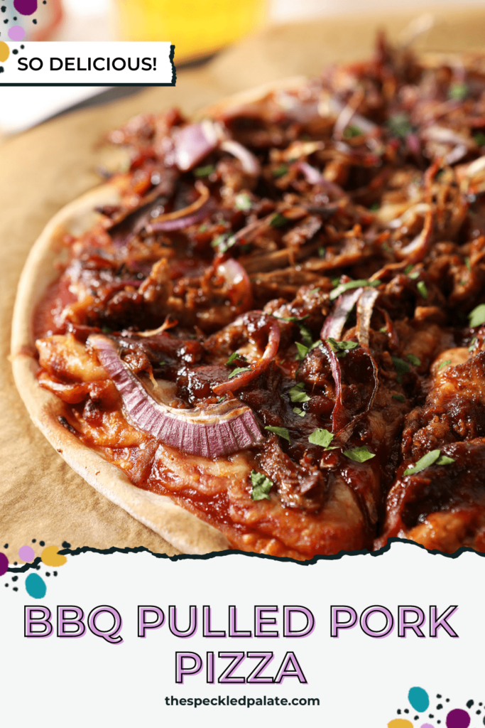 Sliced bbq pizza on a pizza stone with beer with the text BBQ Pulled Pork Pizza