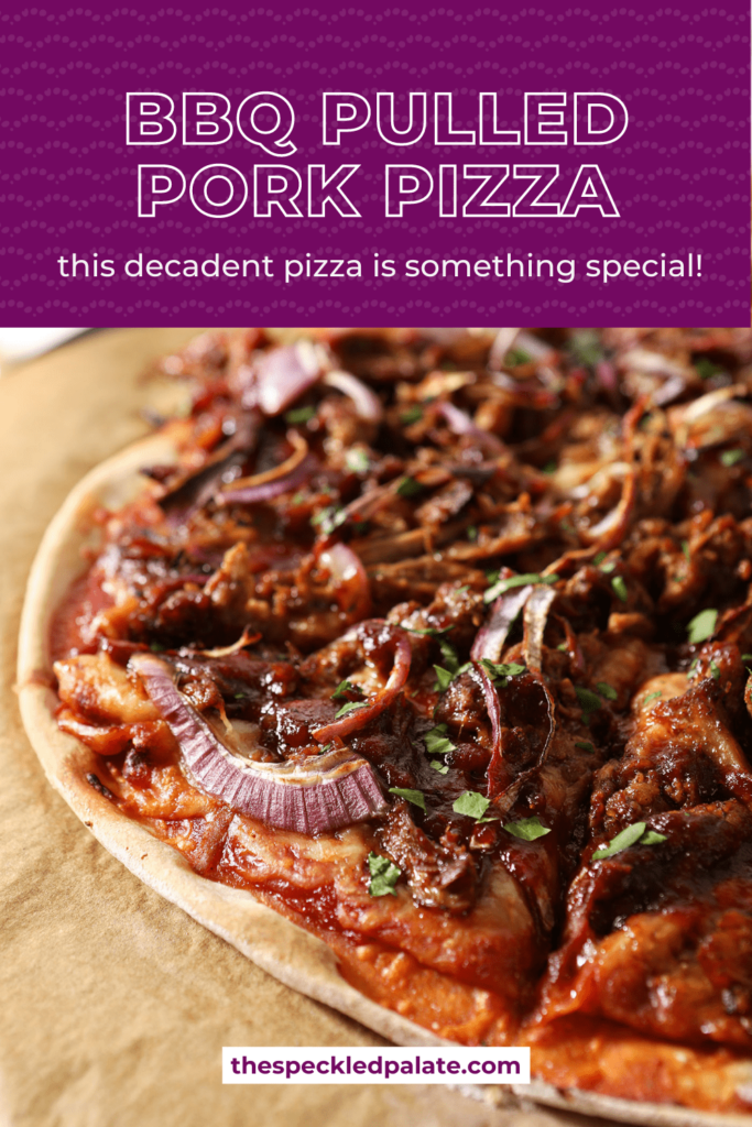 Sliced bbq pizza on a pizza stone with the text BBQ Pulled Pork Pizza this decadent pizza is something special