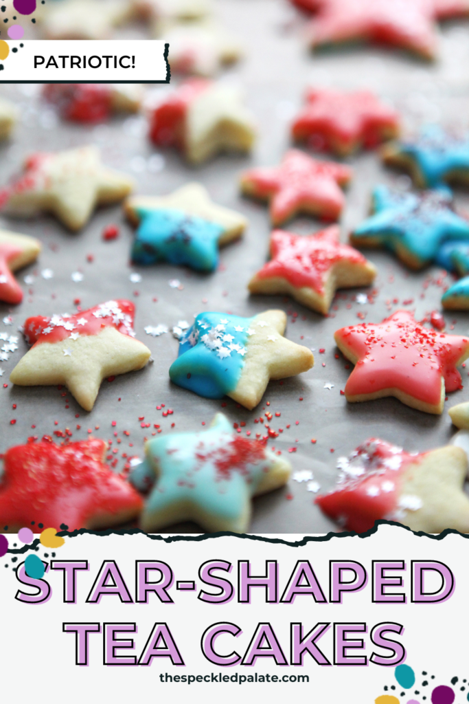 Patriotic tea cake cookies shaped as stars, with the text Star-Shaped Tea Cakes